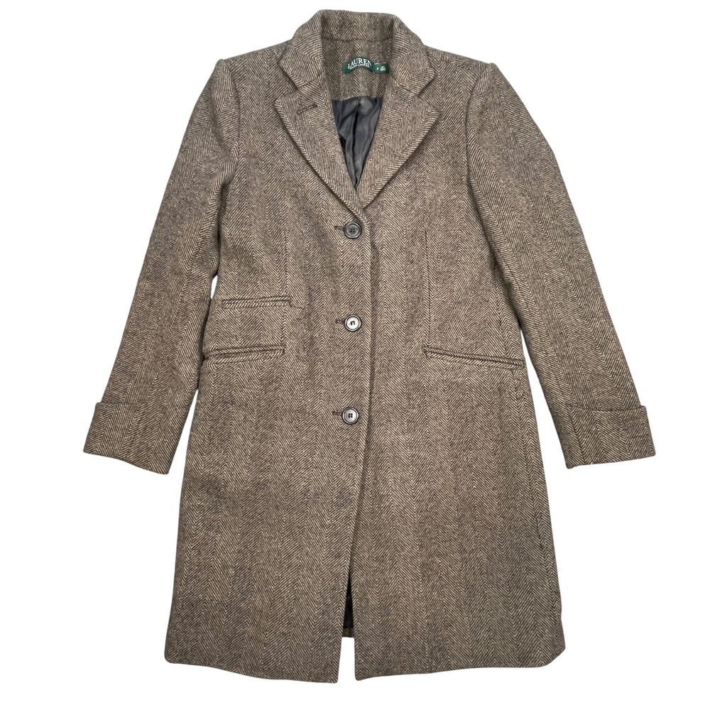 Lauren Ralph Lauren Brown Herringbone Wool Blend Overcoat Women Size 2